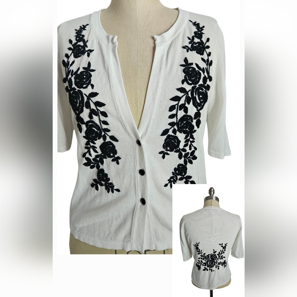 White House Black Market White Cardigan with Black Rose Embroidery